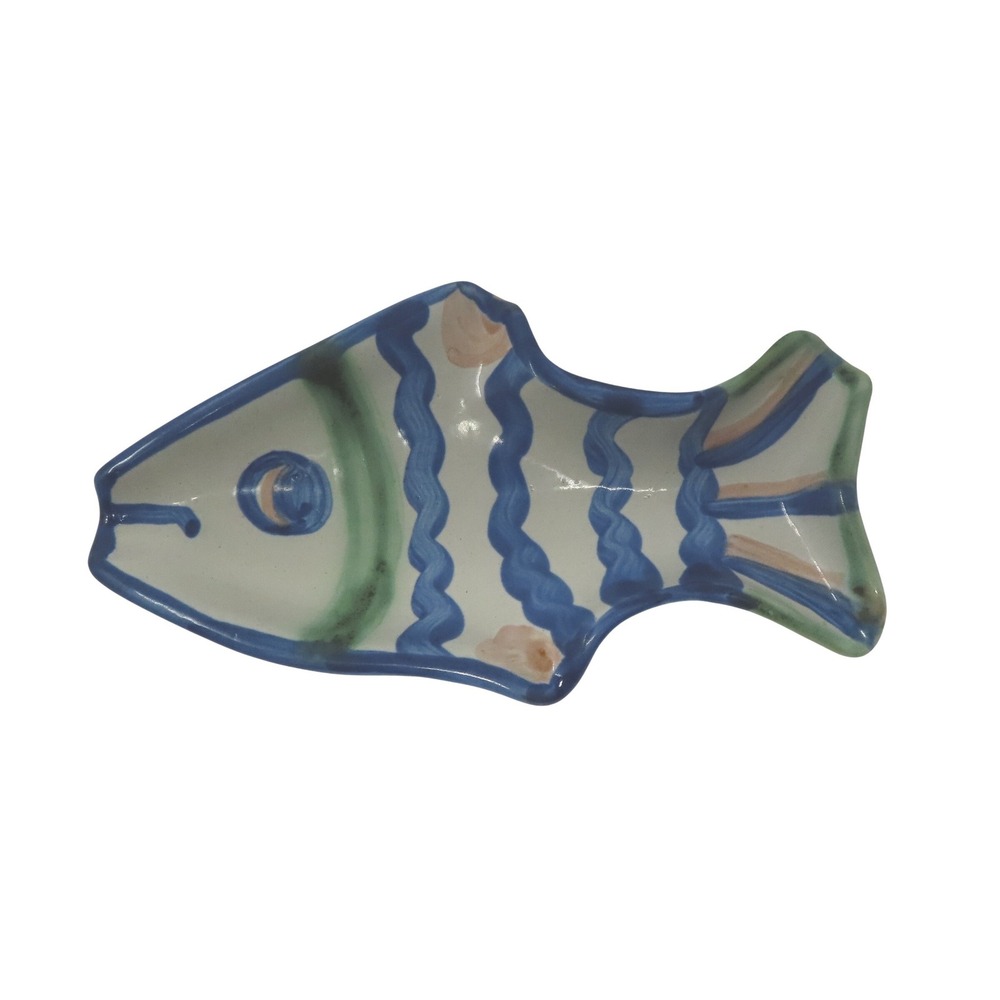 M A Hadley Pottery Hand Painted Fish Trinket Dish Spoon Rest Blue Green‎ Signed